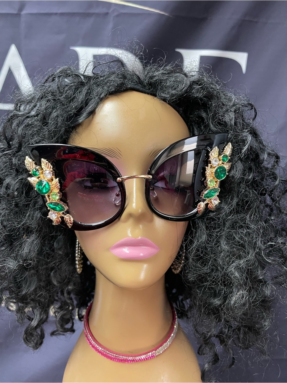 Black Cat-Eye Sunglasses with Green Gem Embellishments
